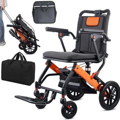 Ultra-Light Transport Wheelchair, Folding Portable Wheelchair with Hand Brake, Trolleys for Elderly Aircraft Travel, Wheelchairs for Adults (with Travel Bag/Backbag) (with Telescopic Handle)