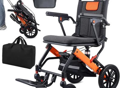 Ultra-Light Transport Wheelchair, Folding Portable Wheelchair with Hand Brake, Trolleys for Elderly Aircraft Travel, Wheelchairs for Adults (with Travel Bag/Backbag) (with Telescopic Handle)