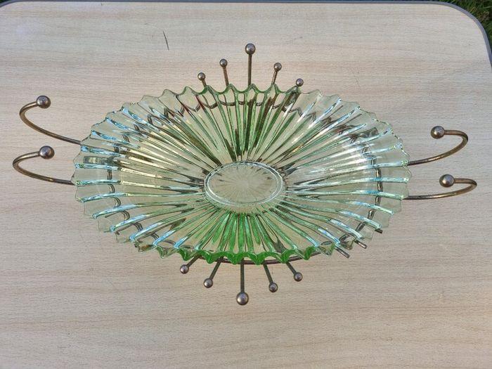 Vintage green uranium glass platter set in a brass frame