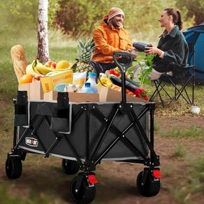 150kg Festival Camping Trolley on Wheels  Black Heavy Duty Folding Wagon Cart with All Terrain Wheels, Brake, Portable for Outdoor, Beach, Garden & Shopping