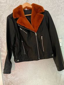 Faux leather/ fur trim biker jacket