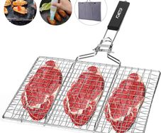 Portable BBQ Grill Basket, Stainless Steel Fish Grill Basket with Removable Handle, Perfect for Grilling Vegetables, Fishes, Shrimp - Bonus a Grill Mat, Sauce Bottle Brush and Carrying Pouch
