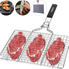 Portable BBQ Grill Basket, Stainless Steel Fish Grill Basket with Removable Handle, Perfect for Grilling Vegetables, Fishes, Shrimp - Bonus a Grill Mat, Sauce Bottle Brush and Carrying Pouch