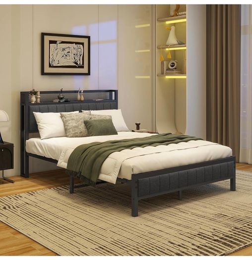 4ft6 Double Bed Frame With Storage Headboard, Dark Grey Upholstered Platform Bed Frame,Mattress Foundation,Metal Slat Support,No Box Spring Needed