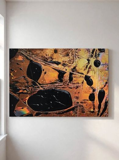 Limited edition contemporary tech-art, abstract series - Black oil spheres / gold leaf texture