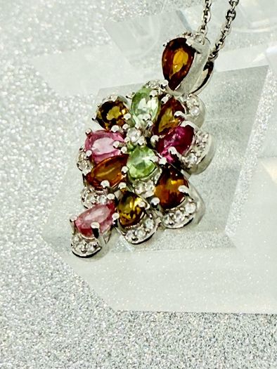 Multi-Tourmaline & White Zircon Pendant with Chain