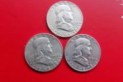 US Franklin Silver Half dollars (3).90% Silver.1952.1954.1962.