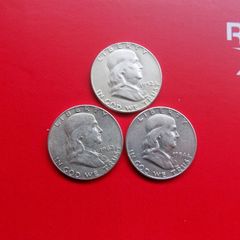 US Franklin Silver Half dollars (3).90% Silver.1952.1954.1962.