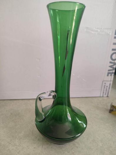 Vintage Retro  Handblown 60s 70s Green Glass Clear Applied Handle Vase