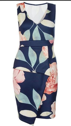 Navy Flower Print Peplum Dress - Size 12