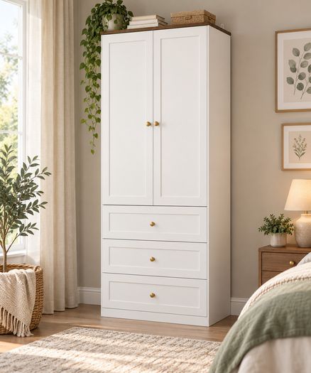 70cm White Wardrobe with 3 Drawers, Clothes Rail & Dark Wood Top