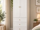 70cm White Wardrobe with 3 Drawers, Clothes Rail & Dark Wood Top