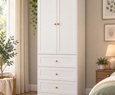 70cm White Wardrobe with 3 Drawers, Clothes Rail & Dark Wood Top