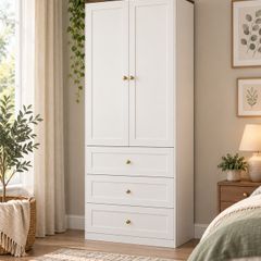 70cm White Wardrobe with 3 Drawers, Clothes Rail & Dark Wood Top