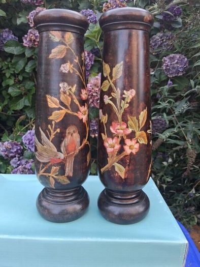 Stunning Pair Of Hand Painted Art Nouveau Hardwood  Candlesticks 12"