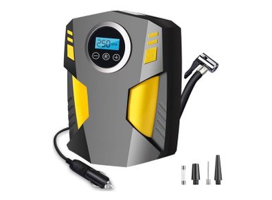 Digital Tyre Inflator, Portable Air Compressor Car Tyre Pump with 3 Nozzle Adaptors and Digital LED Light, 12V