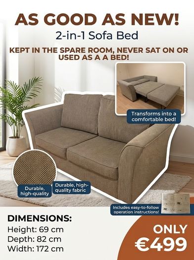 2-in-1 Fabric Sofa Bed, Like New / Unused