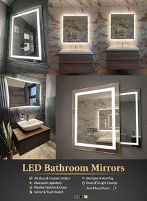 LED Bathroom Mirrors Demister Antifog Bluetooth Sensor Touch Dual LED Weather Station Clock