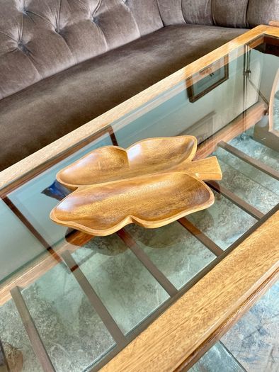 Vintage Teak Wood Serving Butterfly Leaf Shaped Bowl Two Section Tray