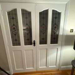 Antique white deal double doors with stained glass