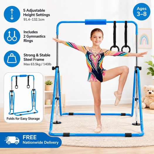 Kids Gymnastics Bar with Rings Adjustable Height Foldable Training Bar Ages 3 to 8