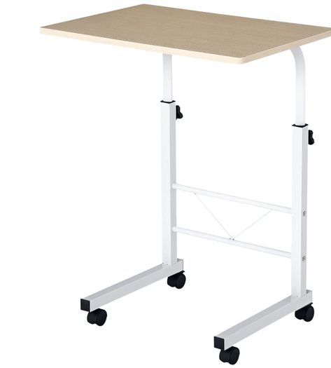 Side Table Adjustable Height Coffee Table Mobile End Table with Wheels Locking Casters C Tables Chipboard Steel Iron Plastic White Maple Color 60 x 40 x 68-78 cm