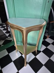 Baroque styled Small 2 tier Table Vintage handmade metallic gold light teal wooden table