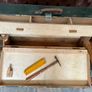 Old Vintage Carpenters Tool Box with Drawer Black Painted Wooden 1950s Image 9