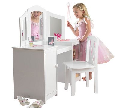 Wooden Vanity and Chair with Mirror and Storage Kids Children's Playroom/Bedroom Furniture