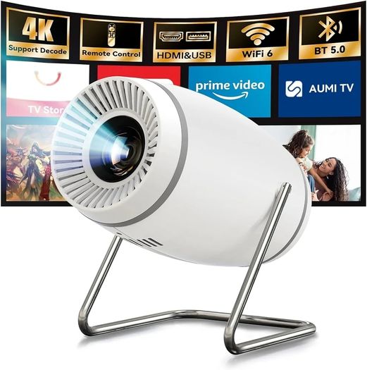 Mini Projector with WiFi 6 and Bluetooth 5.0, Portable Smart Projector 4K 1080P Supported, Auto Keystone Video Projector for Bedroom Home Outdoors (White)