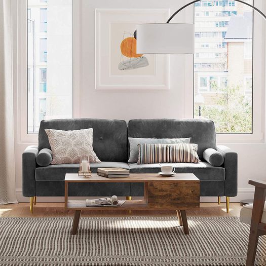 _3-seater sofa, couch for living room, cover made of velvet, for apartments, small rooms, wooden frame, metal legs, simple structure, modern design, 183 x 78 x 88 cm, gray