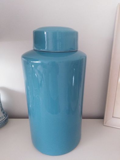 Fabulous Tall Libra Blue Crackle Ceramic Lidded Jar
