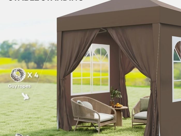 2 x 2 m Garden Pop Up Gazebo, Wedding Party Tent Marquee, Water Resistant Awning Canopy with Sidewalls. Windows, Carry Bag, Coffee