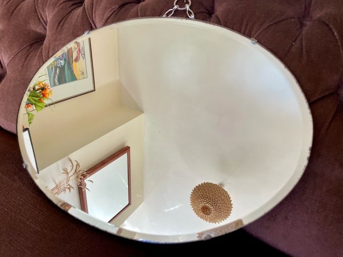 Pretty Early 20th Century Frameless Oval Bevelled Mirror with Original Chain