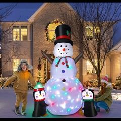 8ft Christmas Inflatable Snowman with Two Penguins,