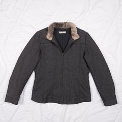 Kaliko Dark Charcoal Grey Zip-Up Jacket Faux Fur Trim Collar 10UK/38EU