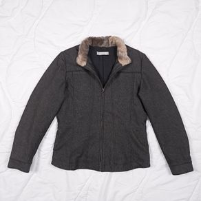 Kaliko Dark Charcoal Grey Zip-Up Jacket Faux Fur Trim Collar 10UK/38EU