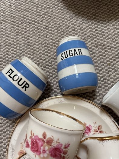 Vintage Carrigaline Pottery - 7 pieces- Blue Striped Jars, The Case Jug and other pieces