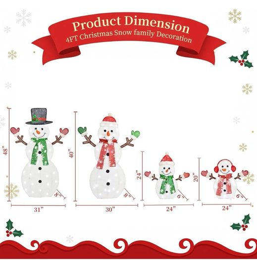 48 in 4-Piece 2D Lighted Snowman Family Outdoor Christmas Decorations, 100 LED Yard Display with Stakes and Zip Ties for Lawn, Porch, Garden and Indoor Holiday Decor