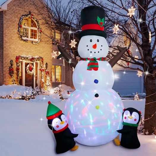 8FT Christmas Inflatable Outdoor Decorations, Christmas Inflatable Snowman with Two Penguins, Built-in Rotating LED Light for Outdoor Indoor, Garden, Patio, Lawn, Xmas Party