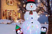 8FT Christmas Inflatable Outdoor Decorations, Christmas Inflatable Snowman with Two Penguins, Built-in Rotating LED Light for Outdoor Indoor, Garden, Patio, Lawn, Xmas Party