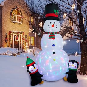 8FT Christmas Inflatable Outdoor Decorations, Christmas Inflatable Snowman with Two Penguins, Built-in Rotating LED Light for Outdoor Indoor, Garden, Patio, Lawn, Xmas Party