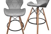 2 Affordable PU Leather Breakfast Kitchen Barstools with wood legs, Grey