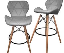 2 Affordable PU Leather Breakfast Kitchen Barstools with wood legs, Grey