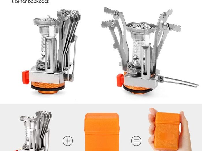 Camping Stove with Fuel Can Stabilizer, Portable Windproof Camping Gas Stove with Carry Case, Mini Foldable Gas Tank Tripod, Pocket Stove Perfect for Camping, Hiking and Trekking