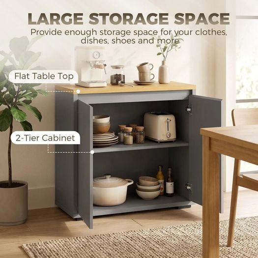 Kitchen Sideboard Storage Cabinet with 2 Doors & Adjustable Shelf, Multipurpose Cupboard for Living Room, Hallway & Entryway, Grey
