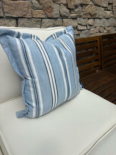 New 52cm x 52cm Oxford style Cambridge blue, French navy and white outdoor cushion