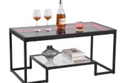 Coffee Table, Modern Tempered Glass Coffee Table with Lighting, 2 Tiers Rectangle Glass Center Desk with Open Storage, Minimalist Metal Accent End Desk for Living Room, Office, Easy Assembly