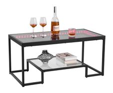 Coffee Table, Modern Tempered Glass Coffee Table with Lighting, 2 Tiers Rectangle Glass Center Desk with Open Storage, Minimalist Metal Accent End Desk for Living Room, Office, Easy Assembly