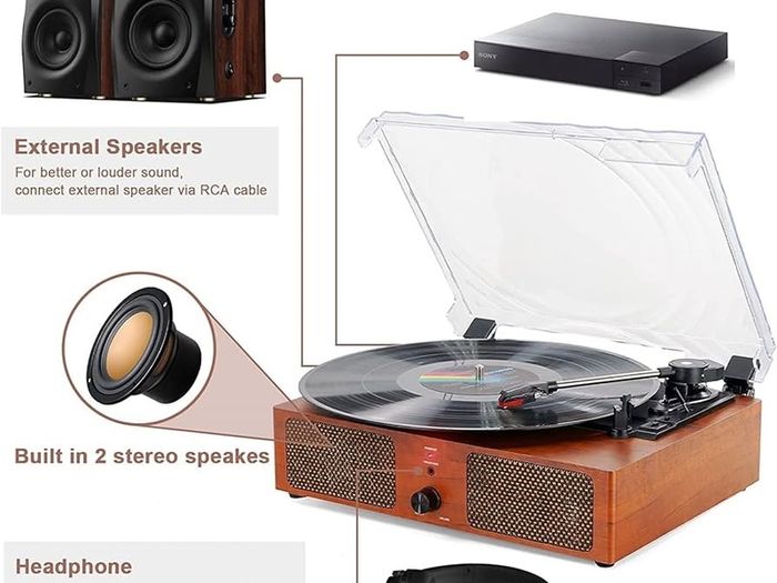 FREE EXPRESS SHIPPING Bluetooth Vinyl Record Player,3-Speed Turntable with Stereo Speakers Vintage Phonograph Record Player, with RCA Line Out AUX in Headphone Jack